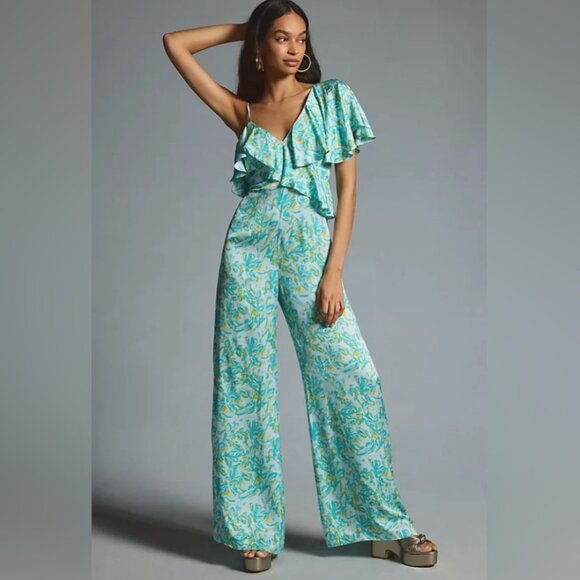 NWT ANTHROPOLOGIE Corey Lynn Calter Silky Ruffle Wide-Leg Jumpsuit M - Picture 1 of 10